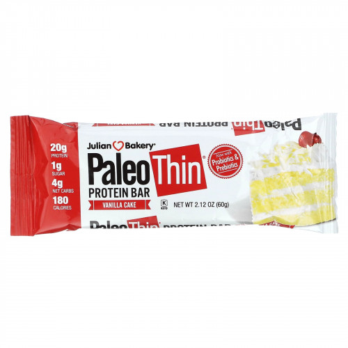 Julian Bakery, Paleo Thin Protein Bar, ванильный торт, 12 батончиков, 62 г (2,19 унции)
