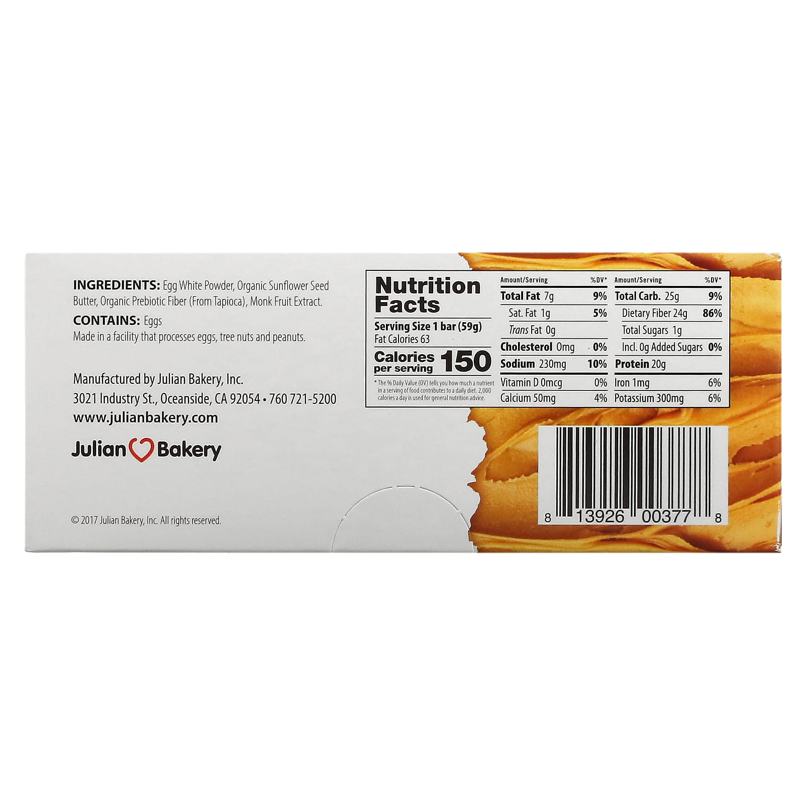 Julian Bakery, Paleo Thin Protein Bar, чистое подсолнечное масло, 12 батончиков, 59 г (2,08 унции)