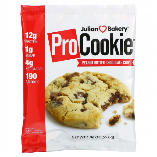 Julian Bakery, Pro Cookie, арахисовая паста и шоколадная крошка, 55,6 г (1,96 унции)
