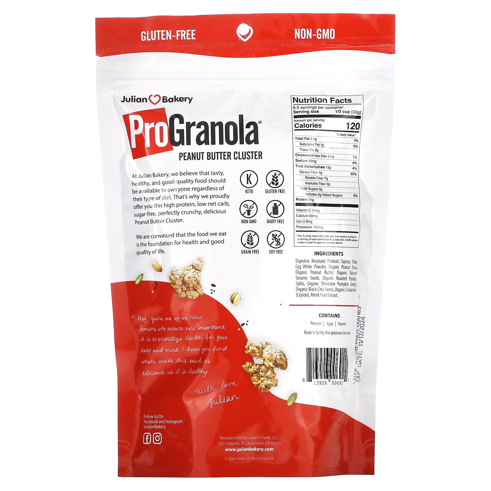 Julian Bakery, ProGranola, арахисовая паста, 255 г (9 унций)