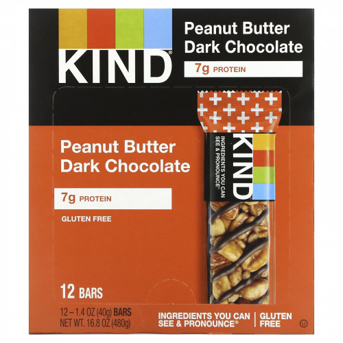 KIND Bars, Kind Plus, батончик из темного шоколада с арахисовой пастой, 12 батончиков по 40 г (1,4 унции)