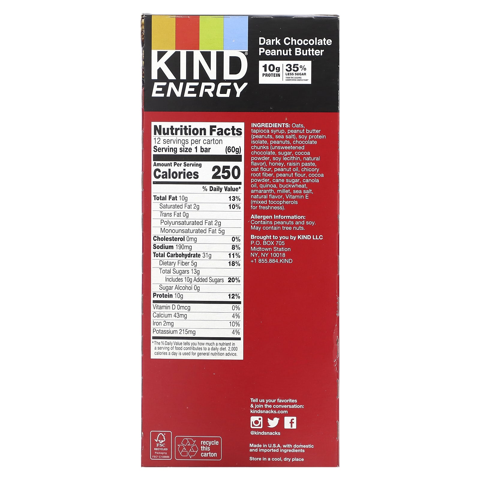 KIND Bars, Energy, арахисовая паста из темного шоколада, 12 батончиков, 60 г (2,1 унции)