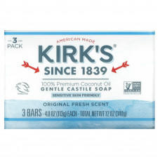 Kirks, Нежное кастильское мыло с кокосовым маслом премиального качества, оригинальный свежий аромат, 3 шт. По 113 г (4 унции)