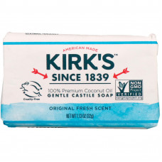 Kirks, Нежное кастильское мыло с кокосовым маслом премиального качества, оригинальный свежий аромат, 32 г (1,13 унции)