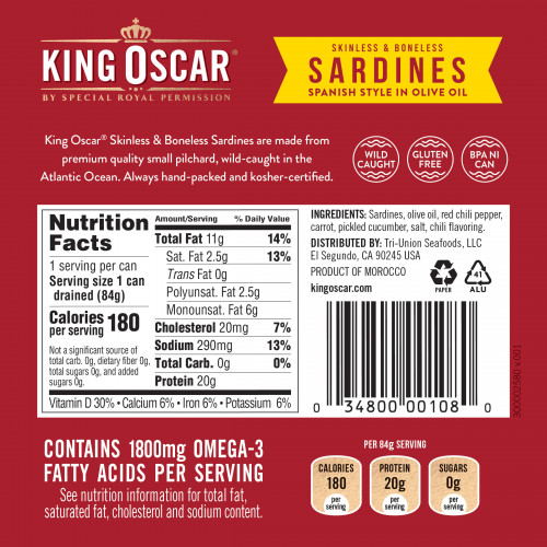 King Oscar, Сардины без кожи и без костей, перец чили и оливковое масло в испанском стиле, 120 г (4,23 унции)