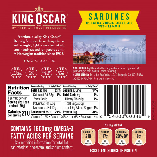 King Oscar, Wild Caught, сардины в оливковом масле первого отжима, с лимоном, 106 г (3,75 унции)
