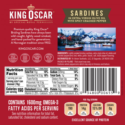 King Oscar, сардины дикого улова в нерафинированном оливковом масле высшего качества, один слой рыбы, 8–12 шт., 106 г (3,75 унции)