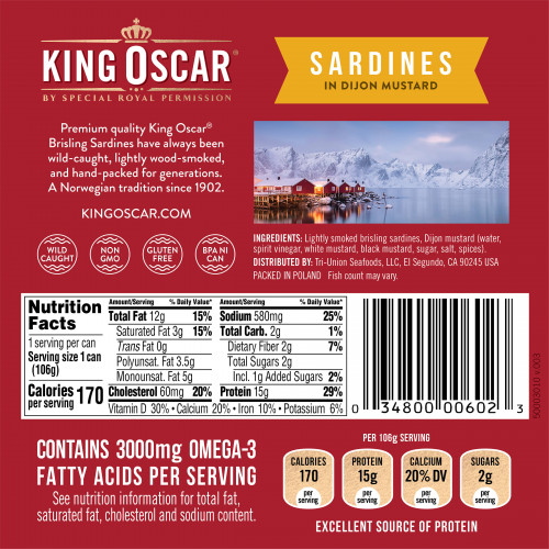 King Oscar, Wild Caught, Сардины в дижонской горчице, 3,75 унции (106 г)
