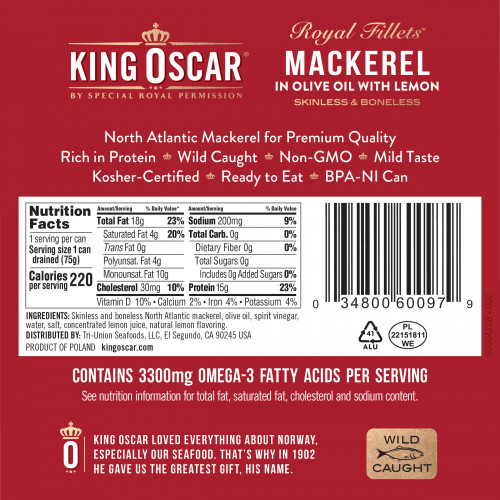 King Oscar, Royal Fillets, скумбрия в оливковом масле с лимоном, 115 г (4,05 унции)