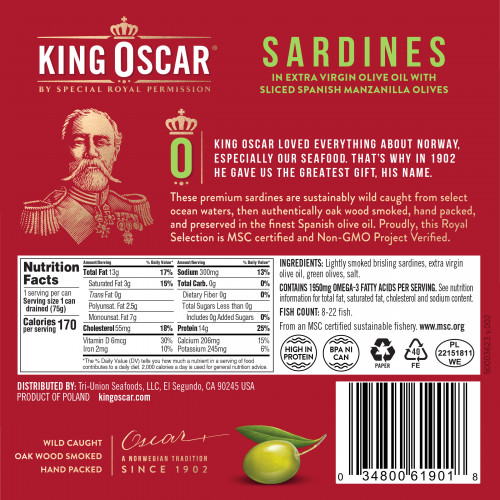 King Oscar, Сардины в оливковом масле первого отжима с нарезанными испанскими оливками мансанилья, 106 г (3,75 унции)