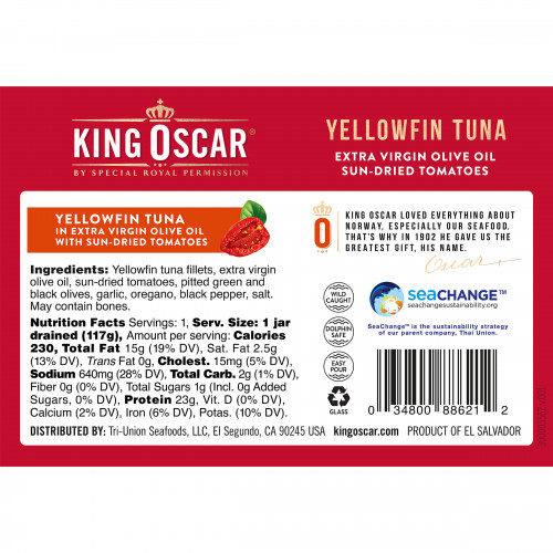 King Oscar, Желтоперый тунец, вяленые на солнце томаты с оливковым маслом холодного отжима, 190 г (6,7 унции)