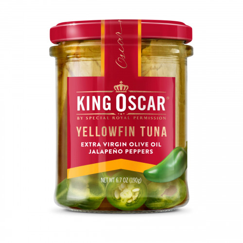 King Oscar, Желтоперый тунец, оливковое масло холодного отжима, перец халапеньо, 190 г (6,7 унции)