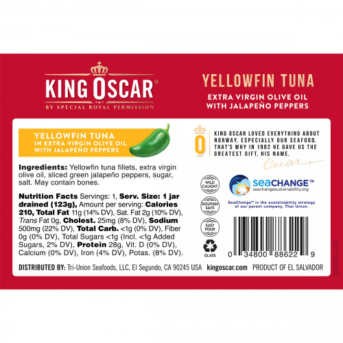 King Oscar, Желтоперый тунец, оливковое масло холодного отжима, перец халапеньо, 190 г (6,7 унции)
