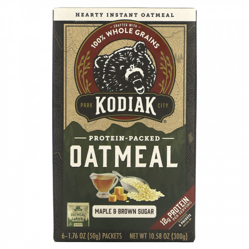 Kodiak Cakes, Овсянка с протеином, кленовый сироп и коричневый сахар, 6 пакетиков по 50 г (1,76 унции)