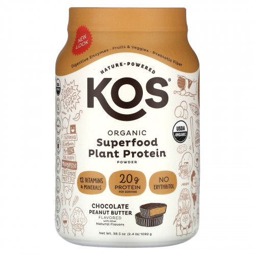 KOS, органический суперфуд, порошок из растительного протеина, со вкусом шоколада и арахисовой пасты, 1092 г (2,4 фунта)