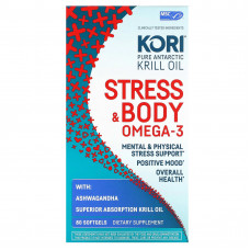 Kori, Чистое масло антарктического криля, омега-3 для тела и стресса с ашвагандой, 80 мягких таблеток