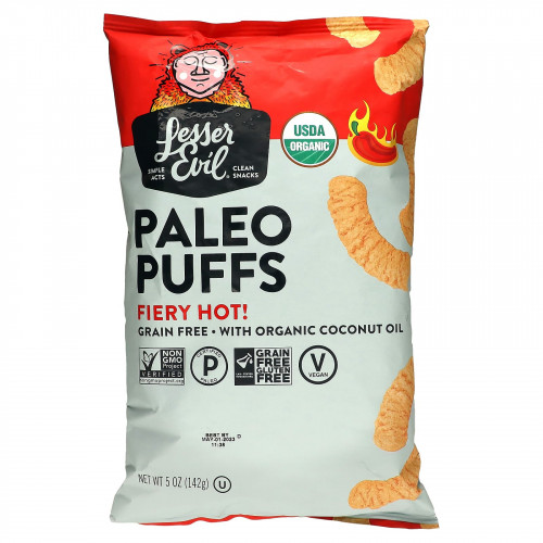 LesserEvil, Paleo Puffs, Fiery Hot, 142 г (5 унций)