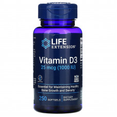 Life Extension, витамин D3, 25 мкг (1000 МЕ), 250 капсул