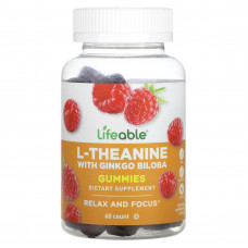 Lifeable, L-теанин с гинкго билоба, жевательные мармеладки, натуральная малина, 60 жевательных таблеток