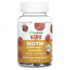 Lifeable, Kids, биотин, натуральная малина, 2500 мкг, 60 жевательных таблеток