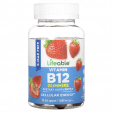 Lifeable, Жевательные мармеладки с витамином B12, без сахара, с натуральной клубникой, 500 мкг, 60 жевательных таблеток