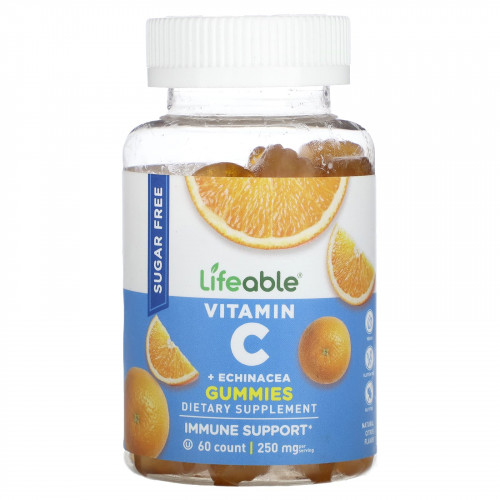 Lifeable, Жевательные мармеладки с витамином C и эхинацеей, без сахара, натуральные цитрусовые, 125 мг, 60 жевательных таблеток