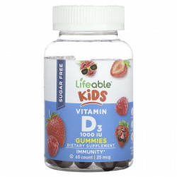 Lifeable, Детский витамин D3, натуральные ягоды, 25 мкг (1000 МЕ), 60 жевательных таблеток