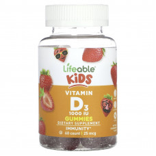 Lifeable, Детский витамин D3, натуральная клубника, 25 мкг (1000 МЕ), 60 жевательных таблеток