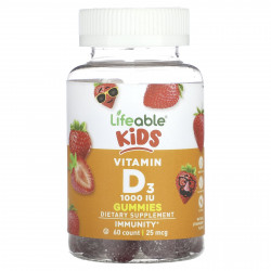Lifeable, Детский витамин D3, натуральная клубника, 25 мкг (1000 МЕ), 60 жевательных таблеток