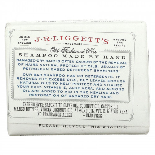 J.R. Liggetts, Шампунь-мыло по старинному рецепту, формула для поврежденных волос, 3.5 унции (99 г)