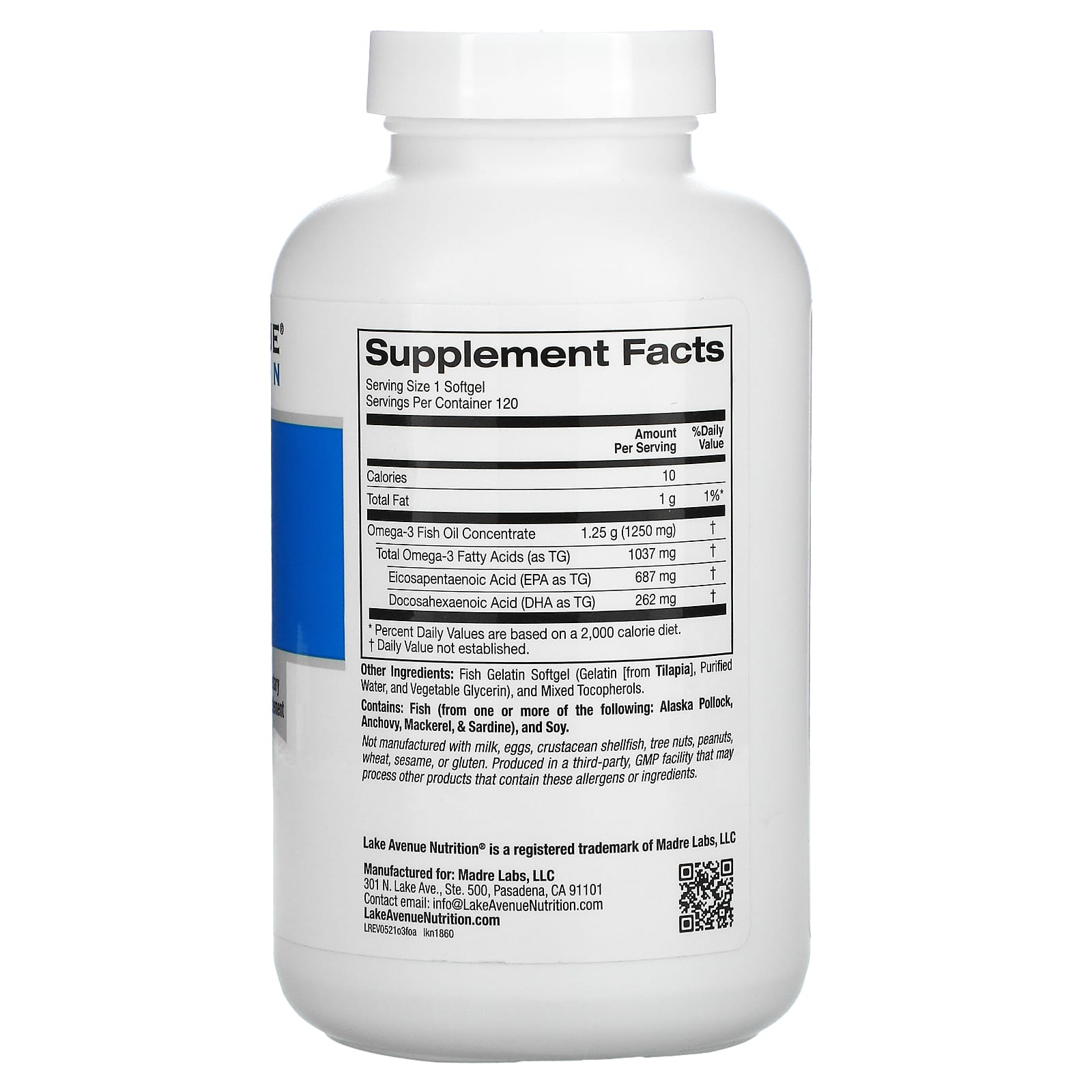 Lake Avenue Nutrition, рыбий жир с омега-3, 1250 мг, 120 капсул из рыбьего желатина