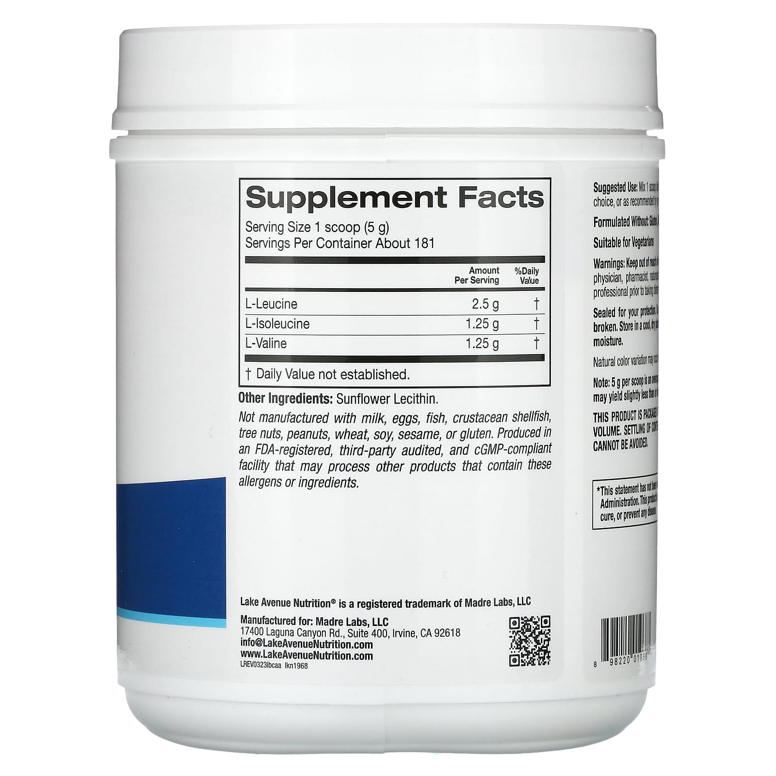 Lake Avenue Nutrition, Быстрорастворимый порошок BCAA, без добавок, 907 г (32 унции)