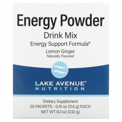 Lake Avenue Nutrition, порошковая смесь для приготовления напитка, повышающего уровень энергии, со вкусом лимона и имбиря, 20 пакетиков по 11,6 г (0,41 унции)