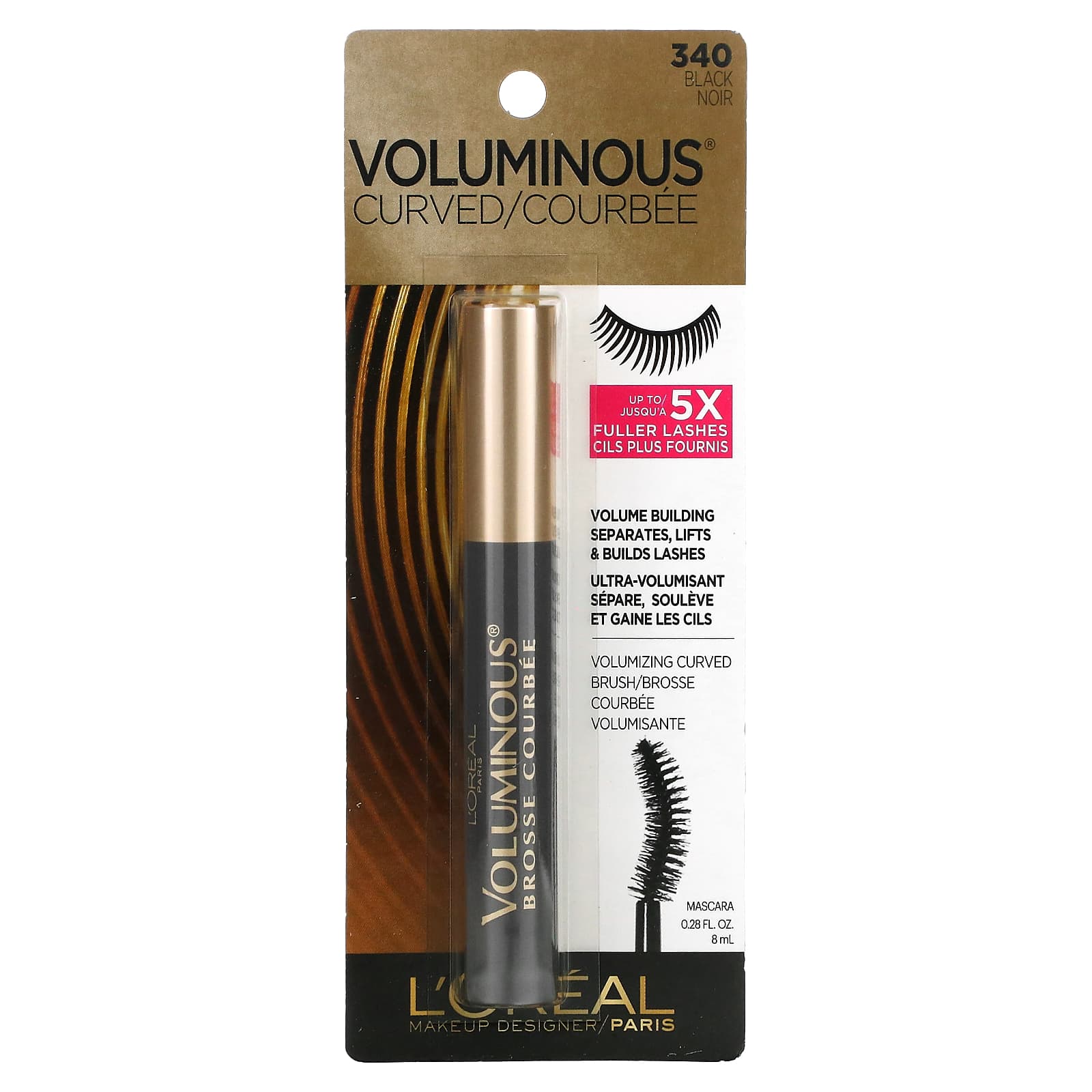 L'Oréal, Voluminous Curved, тушь для ресниц, оттенок 340 черный, 8 мл (0,28 жидк. унции)