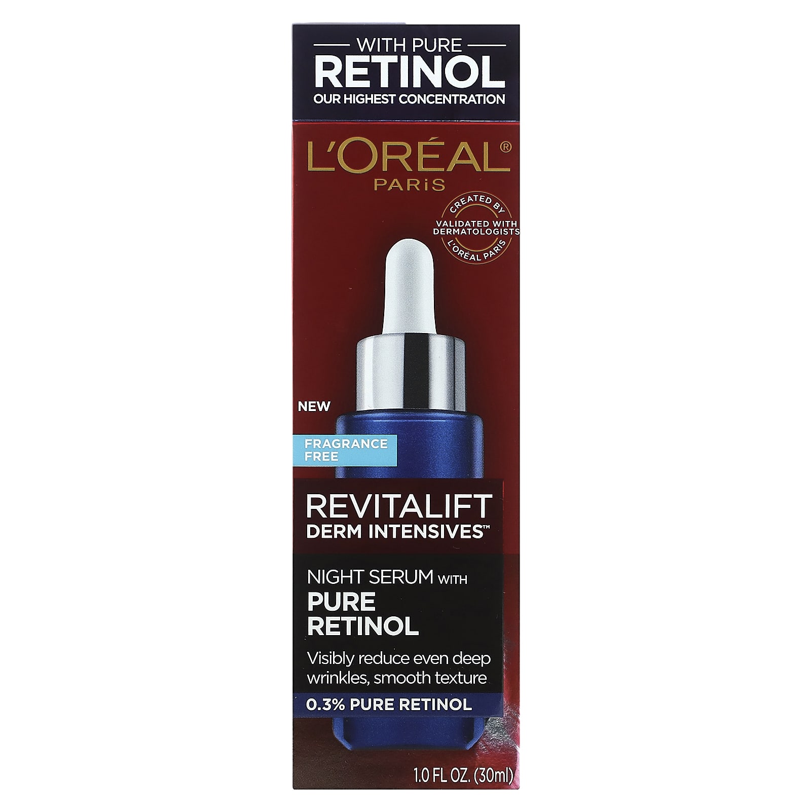 L'Oréal, Revitalift Derm Intensives, ночная сыворотка с чистым ретинолом, без отдушек, 30 мл (1 жидк. Унция)