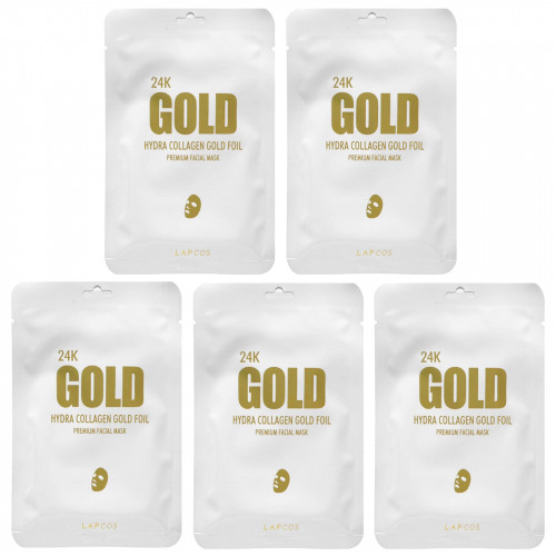 Lapcos, 24K Gold Hydra Collagen Gold Foil, косметическая маска для лица премиального качества, 5 шт., 25 г (0,88 унции)