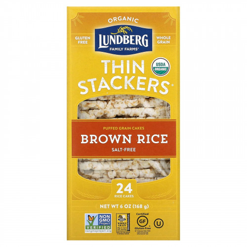 Lundberg, Organic Thin Stackers, воздушные лепешки, коричневый рис, без соли, 24 рисовых пирога, 168 г (6 унций)