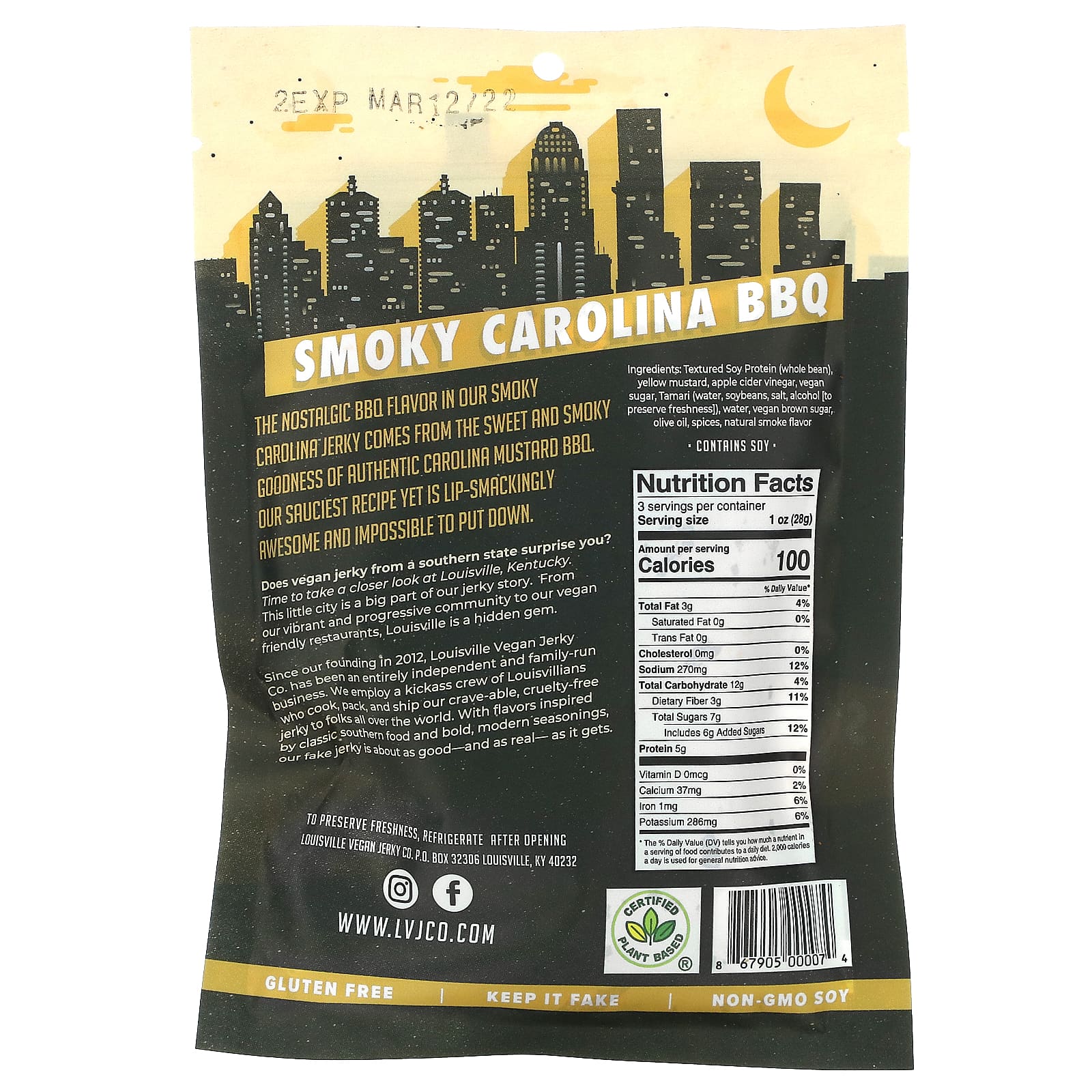 Louisville Vegan Jerky Co, Барбекю Smoky Carolina, 85,05 г (3 унции)