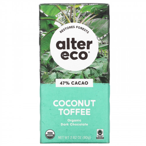 Alter Eco, плитка органического темного шоколада, кокос и ирис, 47% какао, 80 г (2,82 унции)