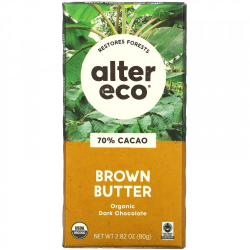 Alter Eco, органический темный шоколад, коричневое масло, 70% какао, 80 г (2,82 унции)