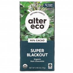 Alter Eco, плитка органического темного шоколада, экстра черный, 90% какао, 75 г (2,65 унции)