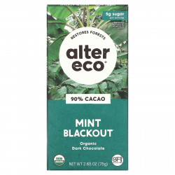Alter Eco, органический темный шоколад, мятный вкус, 90% какао, 75 г (2,65 унции)