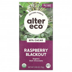 Alter Eco, органический темный шоколад, малина, 85% какао, 75 г (2,65 унции)