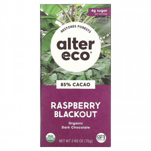 Alter Eco, органический темный шоколад, малина, 85% какао, 75 г (2,65 унции)