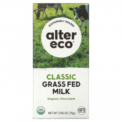 Alter Eco, органический шоколадный батончик, классическое молоко от травяного откорма, 75 г (2,65 унции)