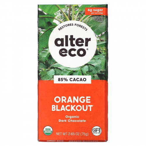 Alter Eco, органический темный шоколад, со вкусом апельсина, 85% какао, 75 г (2,65 унции)