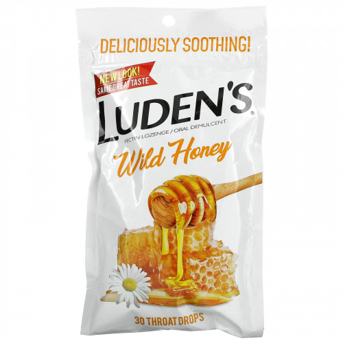 Luden's, Леденцы с пектином, успокаивающее средство для полости рта, дикий мед, 30 капель для горла