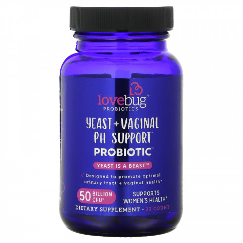 LoveBug Probiotics, дрожжи + пробиотик для поддержки уровня pH влагалища, 50 млрд КОЕ, 30 шт.