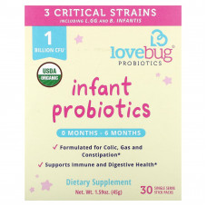 LoveBug Probiotics, пробиотики для младенцев в возрасте 0–6 месяцев, 1 млрд КОЕ, 30 порций в индивидуальной упаковке, по 1,5 г (0,05 унции)