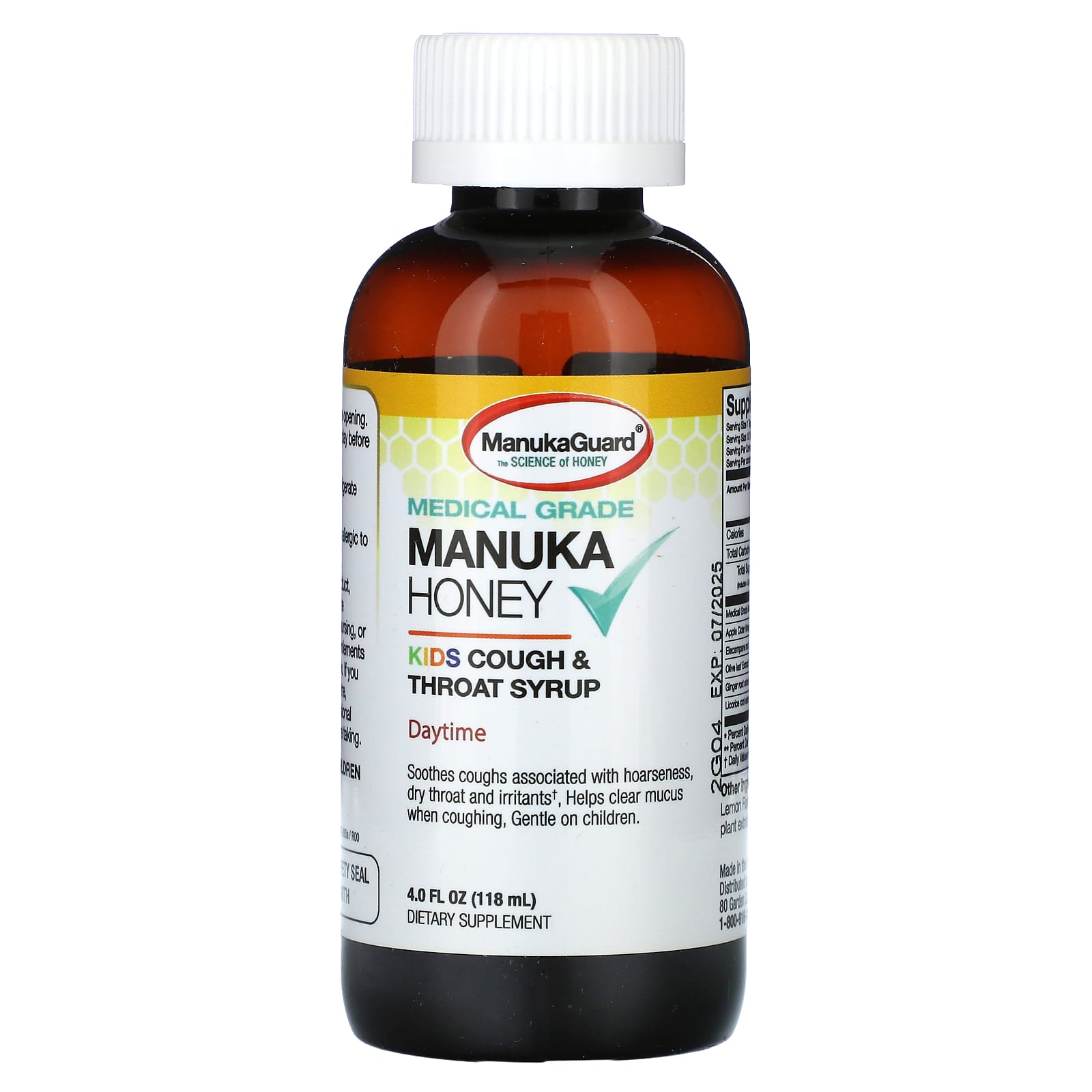 ManukaGuard, Manuka Honey, детский сироп от кашля и горла, дневной, с медом и лимоном, 118 мл (4 жидк. Унции)